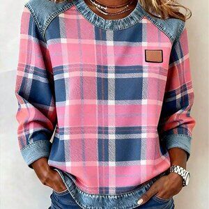 Multicolor CasualWomen's Patchwork Patch Round Neck Long Sleeve  Loose T-Shirt